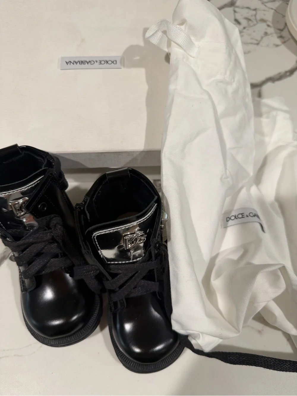 Dolce & Gabbana Black Kids Lace-Up Boots with Silver Logo Patch